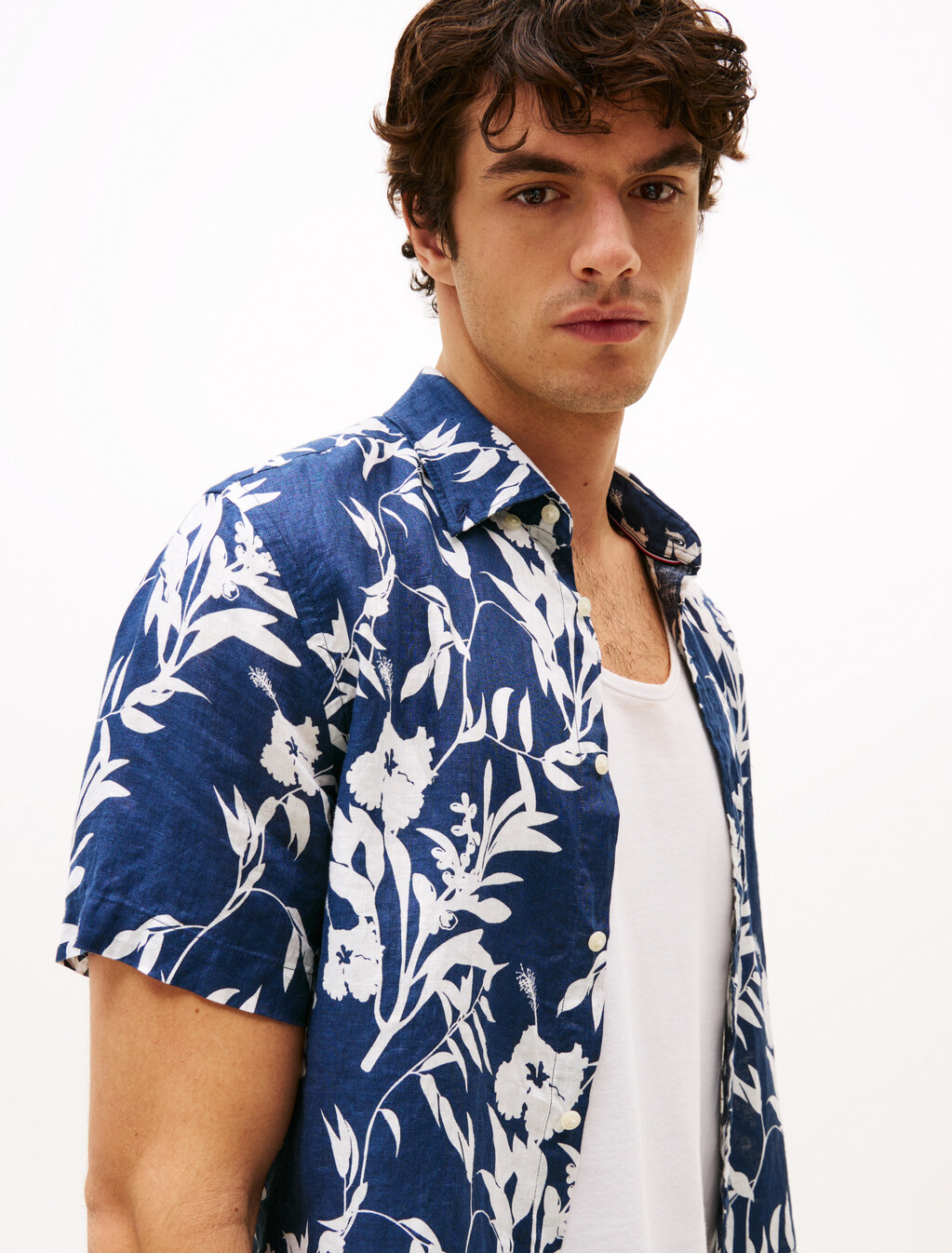 Tropical Print Pure Linen Shirt, Night Sky / Ivory Silk, hi-res