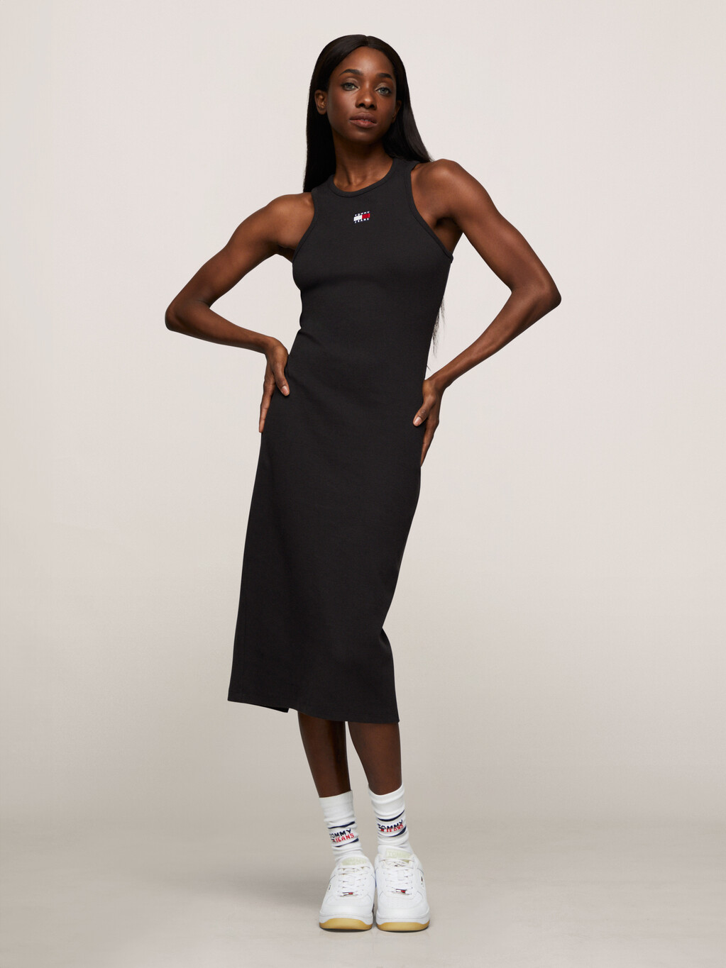 Rib Knit Flag Badge Racer Dress, Black, hi-res