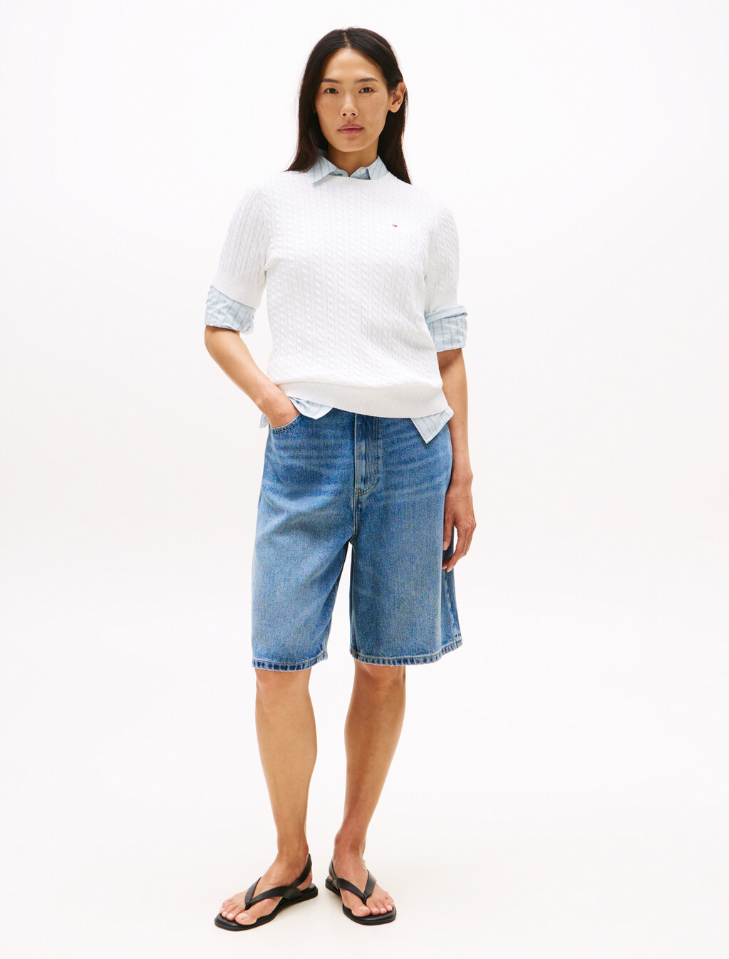 Cable Knit Short Sleeve Sweater, Ecru, hi-res