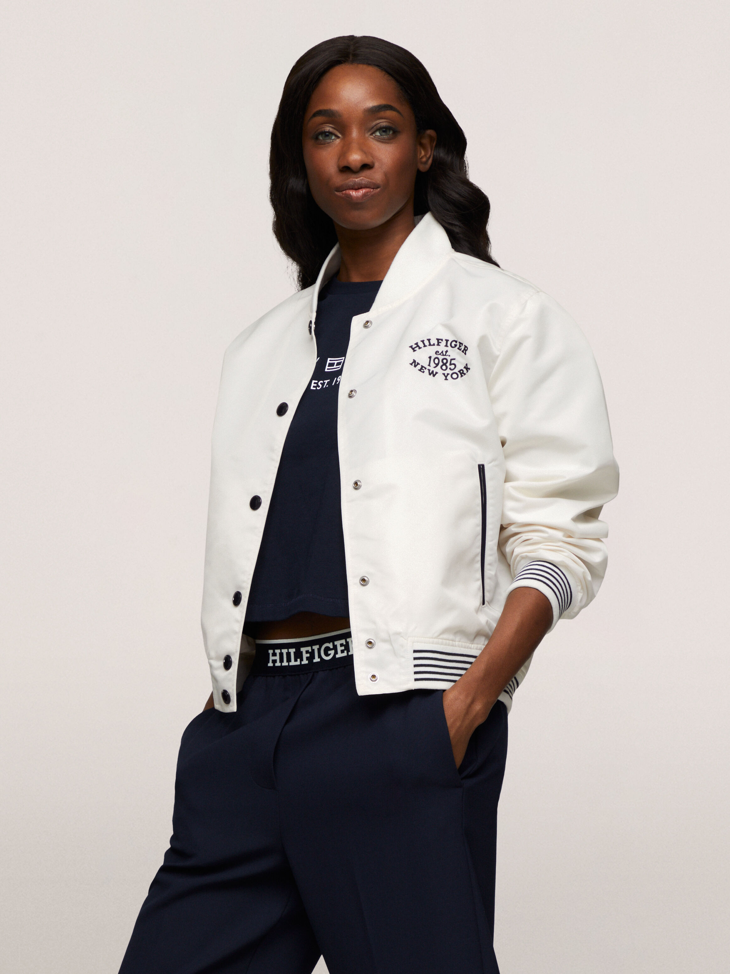 Tommy Hilfiger Varsity Water Repellent Bomber Jacket in Ancient White