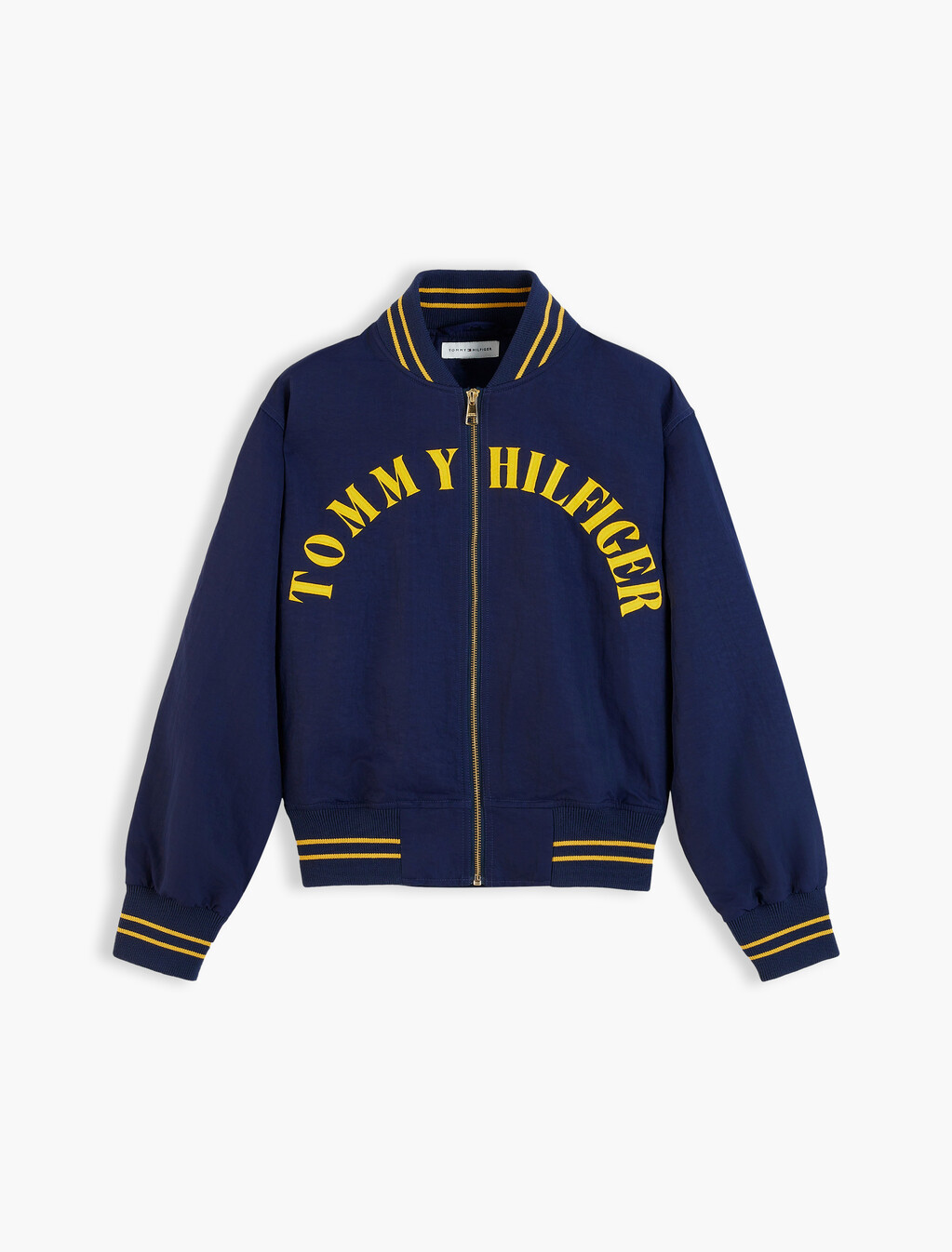 Arch Logo Satin Relaxed Varsity Jacket, Dark Blue, hi-res