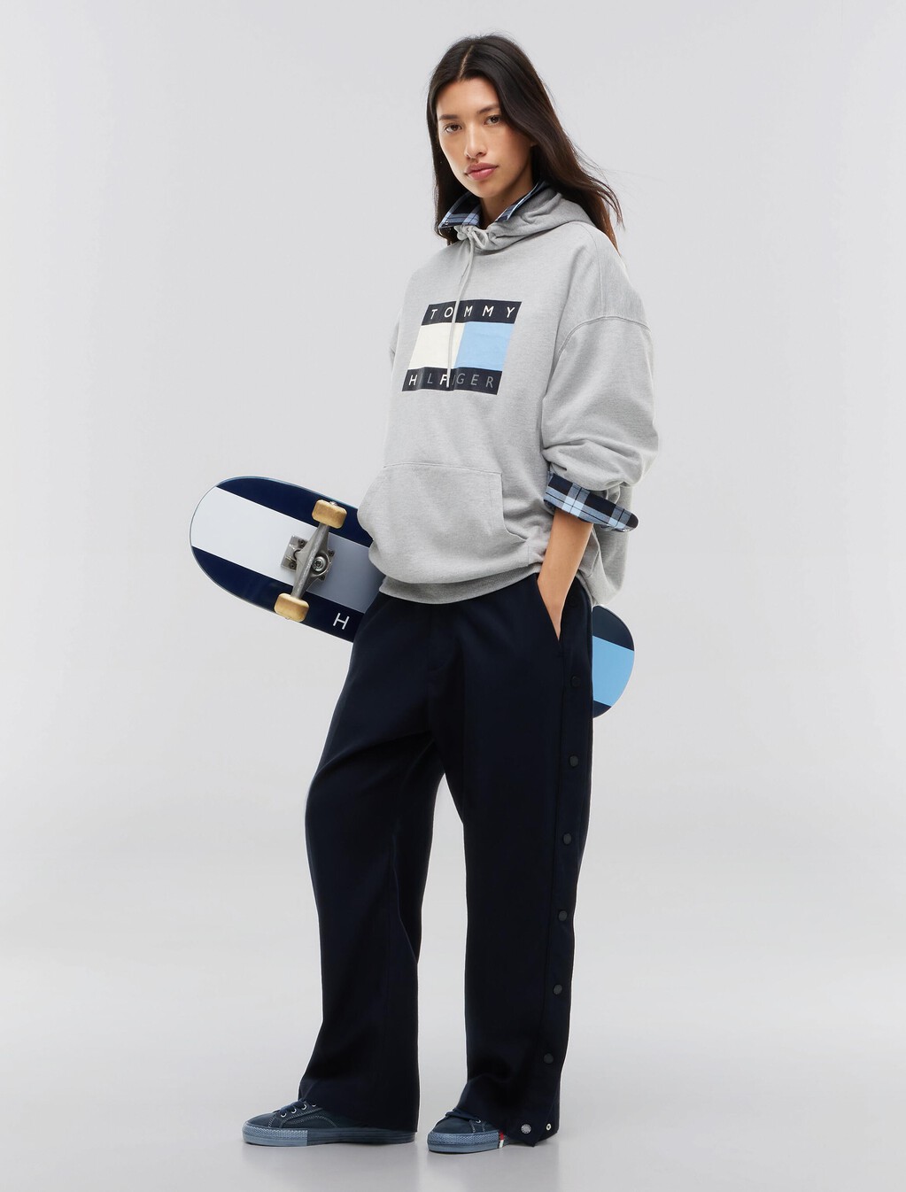 Washed Flag Logo Fleece Relaxed Hoody, Grey Heather, hi-res