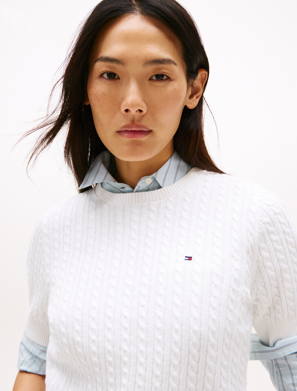 Cable Knit Short Sleeve Sweater, Ecru, hi-res