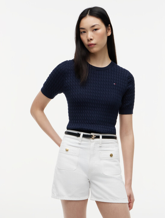 Fine Gauge Cable Knit Short Sleeve Jumper