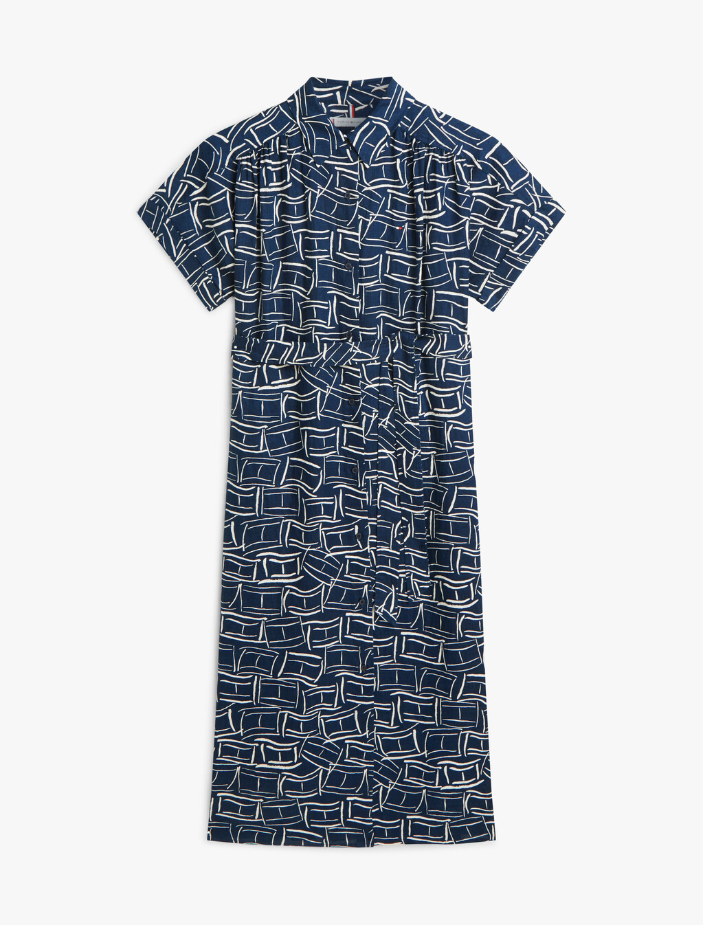 Linen Belted Short Sleeve Knee Length Shirt Dress, Flag Feathers Dark Night Navy, hi-res