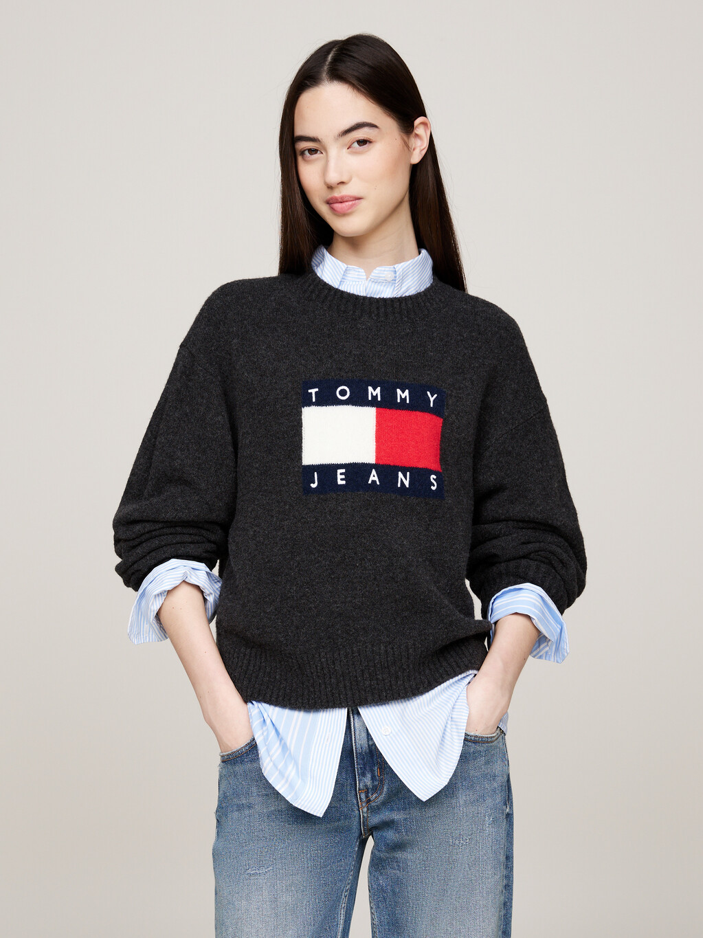 Mélange Relaxed Jumper with Wool, Black Melange, hi-res