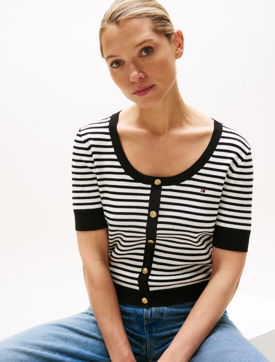 Stripe Short Sleeve Scoop Neck Cardigan