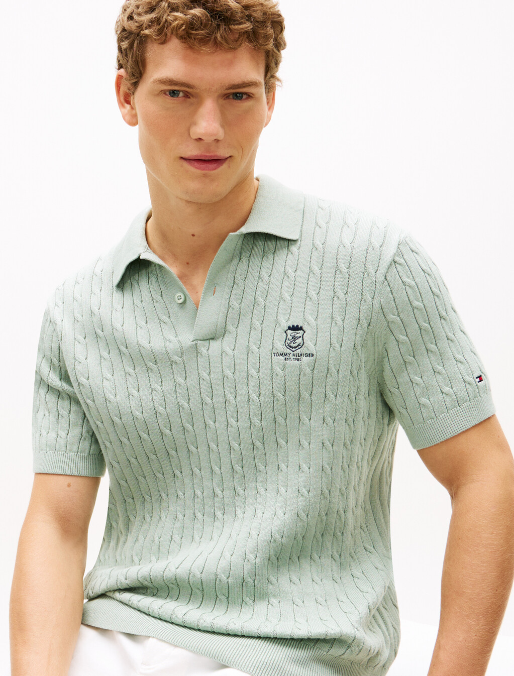Regular Fit Embroidery Cable Knit Polo Shirt, Minty Grey, hi-res