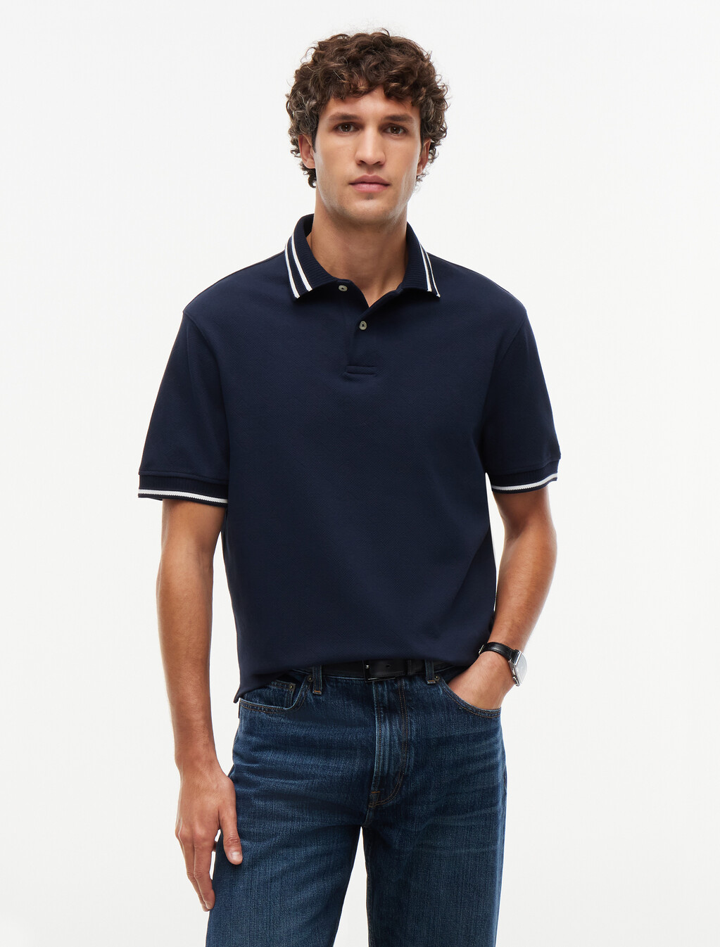 Relaxed Fit Foulard Jacquard Polo Shirt, Navy Blue, hi-res