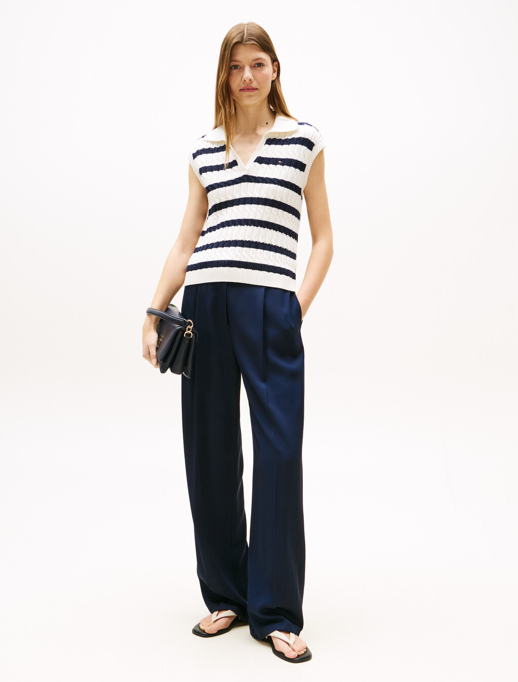 Cable Knit Open Polo Vest, Ivory Silk/Dark Night Navy Stp, hi-res