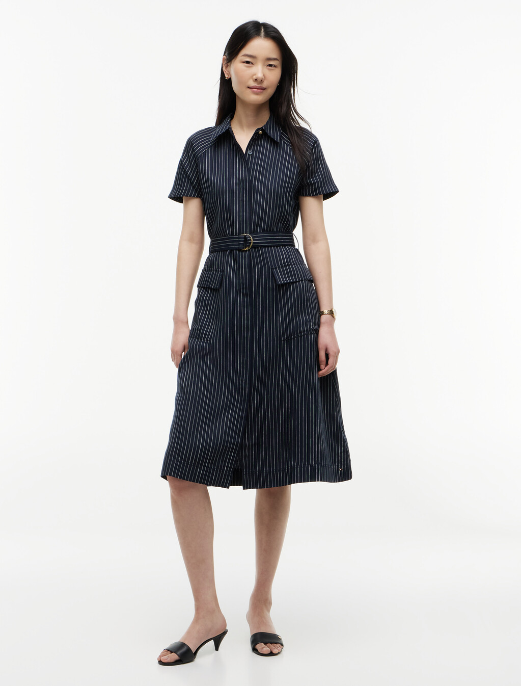 Stripe Belted Shirt Dress With Linen, Blue Stripe 15, hi-res