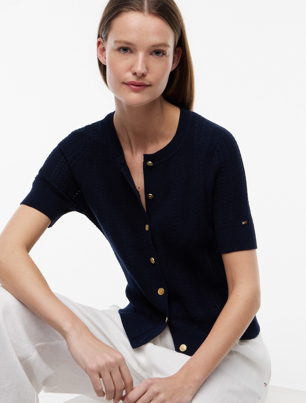 Pointelle Gold-Tone Button Short Sleeve Cardigan, Dark Night Navy, hi-res