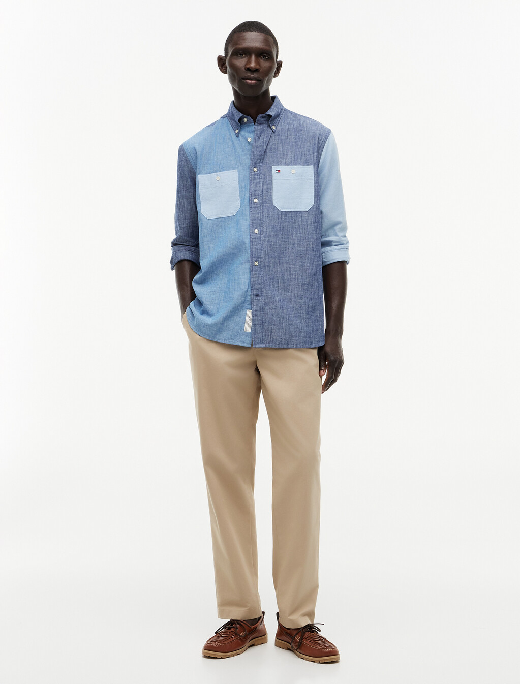 Relaxed Fit Colour-Blocked Chambray Shirt, Mid Blue / Check, hi-res