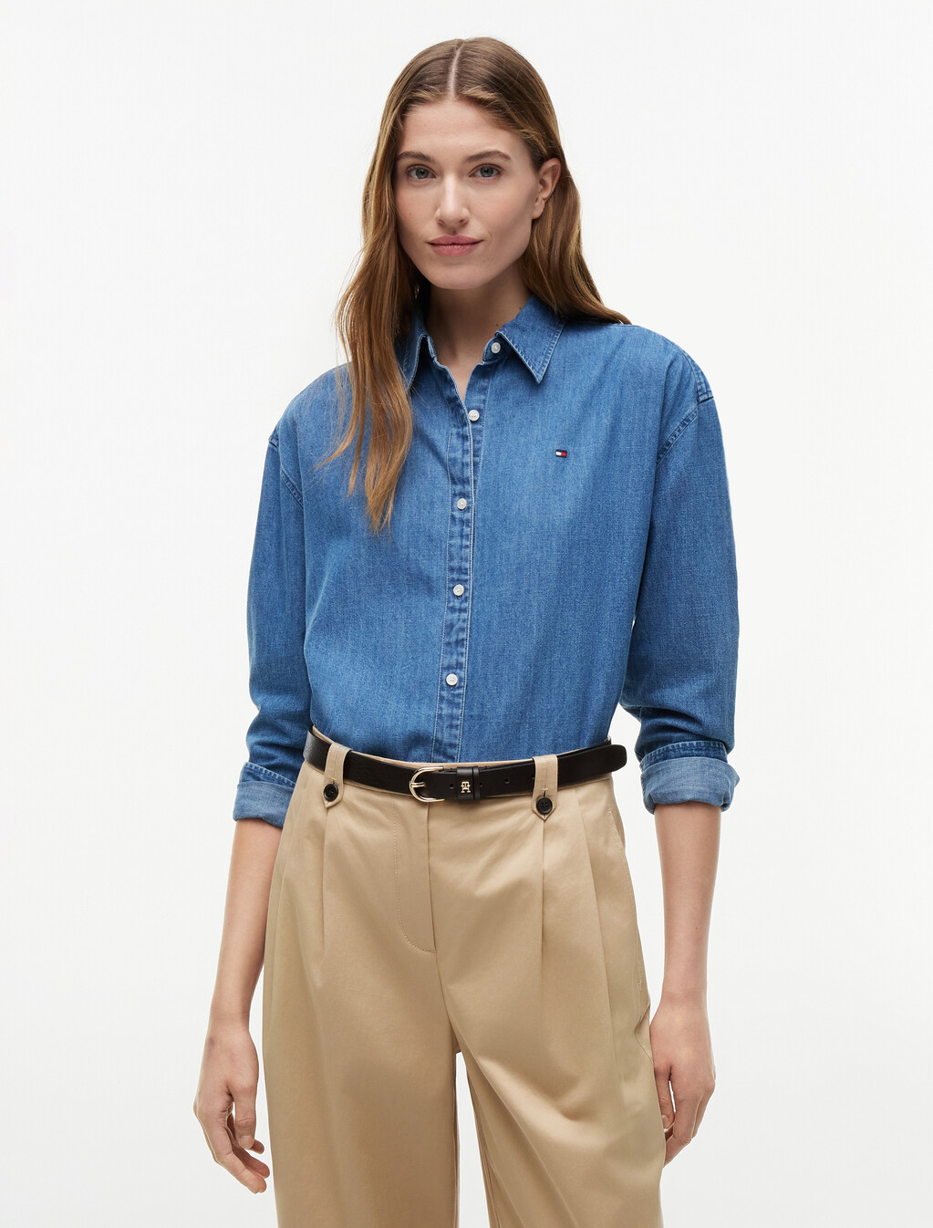 Boxy Fit Lightweight Denim Shirt, Mid Blue Wash, hi-res