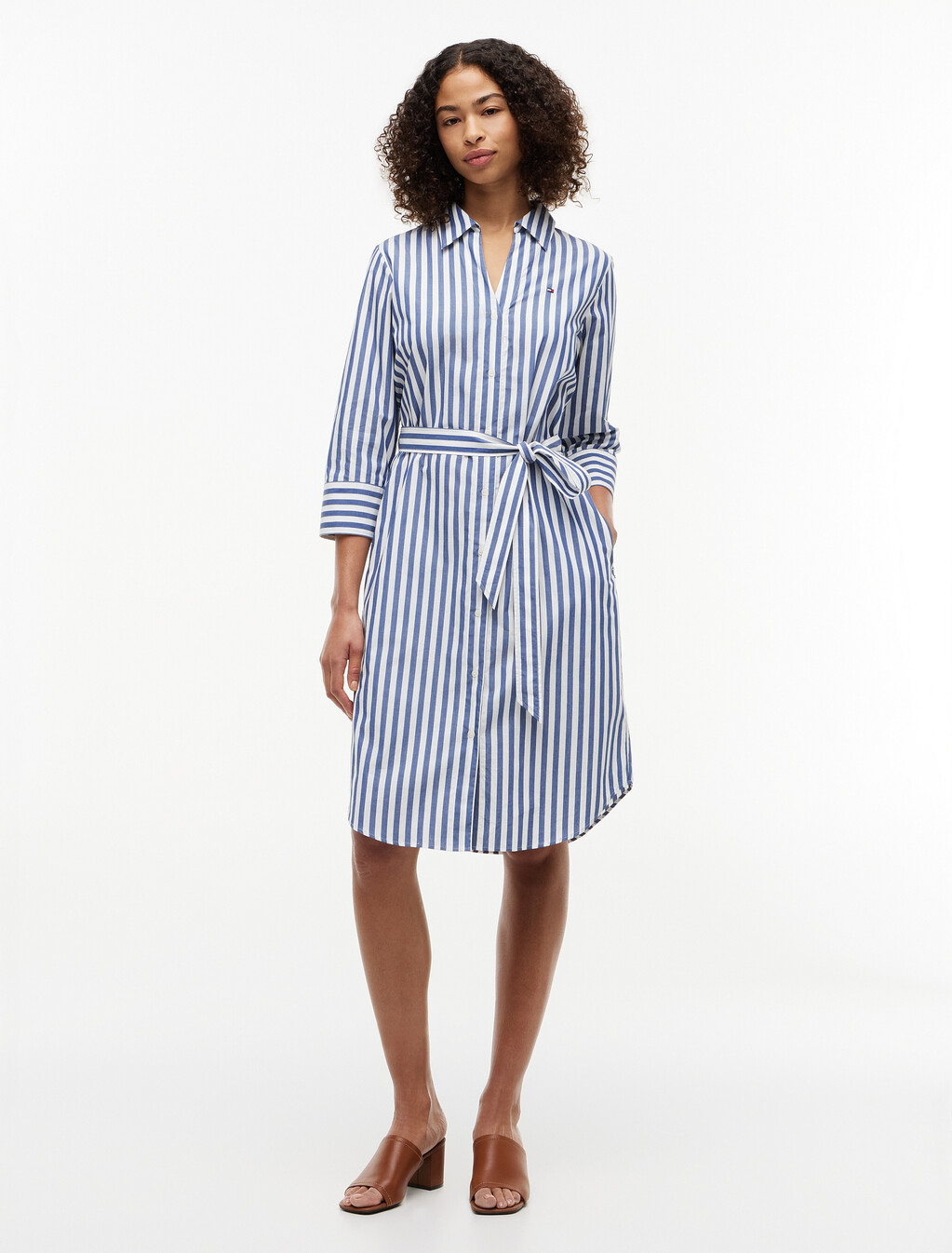 Belted Relaxed Midi Shirt Dress, Wide Banker Stp Ecru Seashore Navy, hi-res