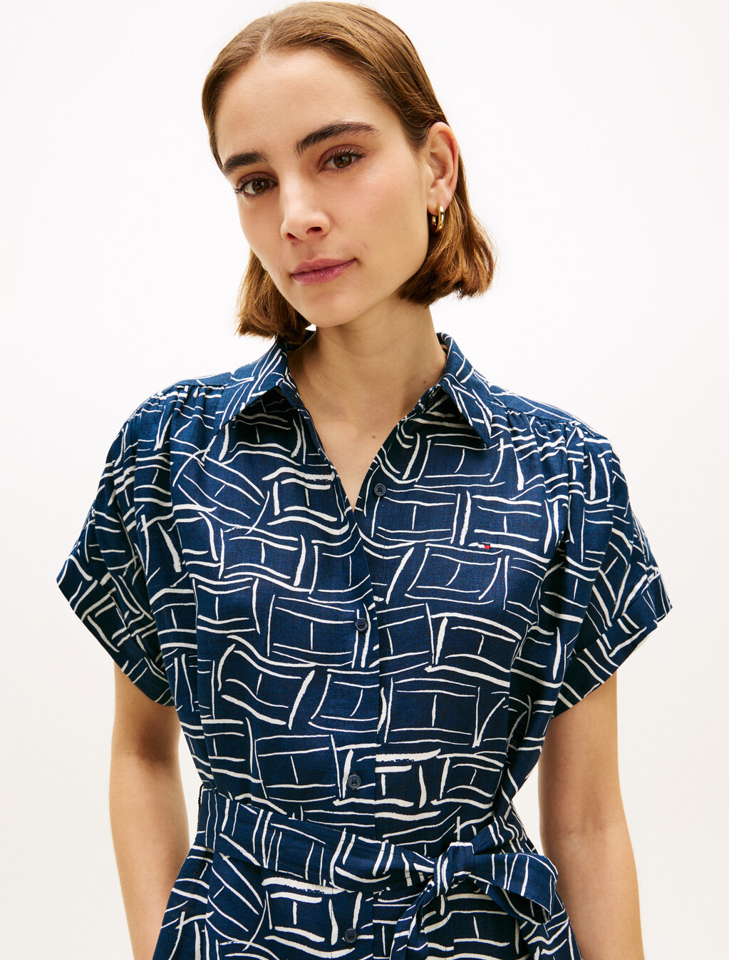 Linen Belted Short Sleeve Knee Length Shirt Dress, Flag Feathers Dark Night Navy, hi-res