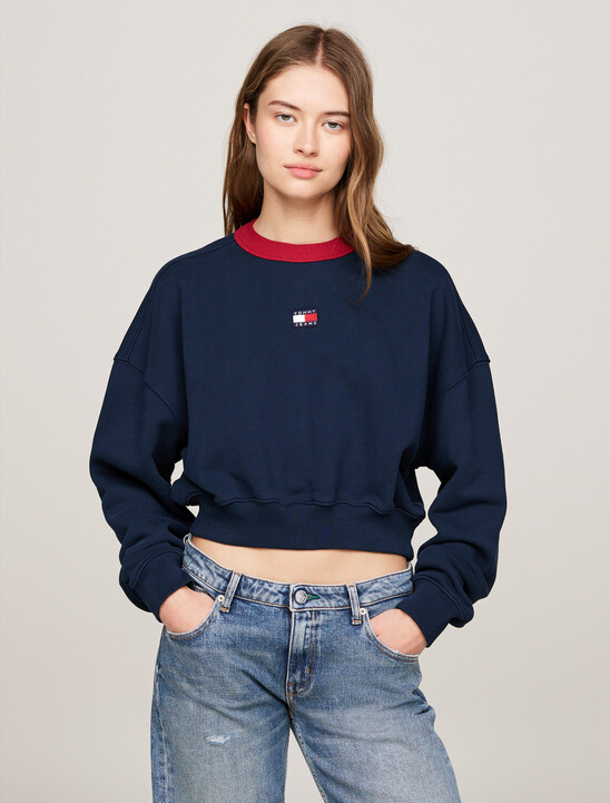 Oversized Cropped Contrast Neckline Sweatshirt
