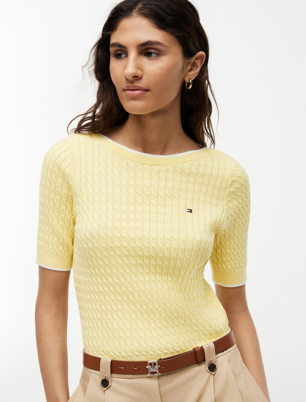 Cable Knit Boat Neck Short Sleeve Jumper, Citronella, hi-res