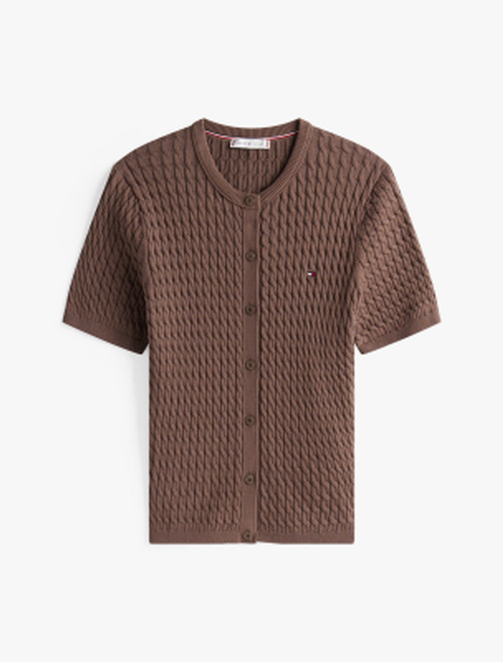 Cable Knit Round Neck Cardigan, Hot Coco, hi-res