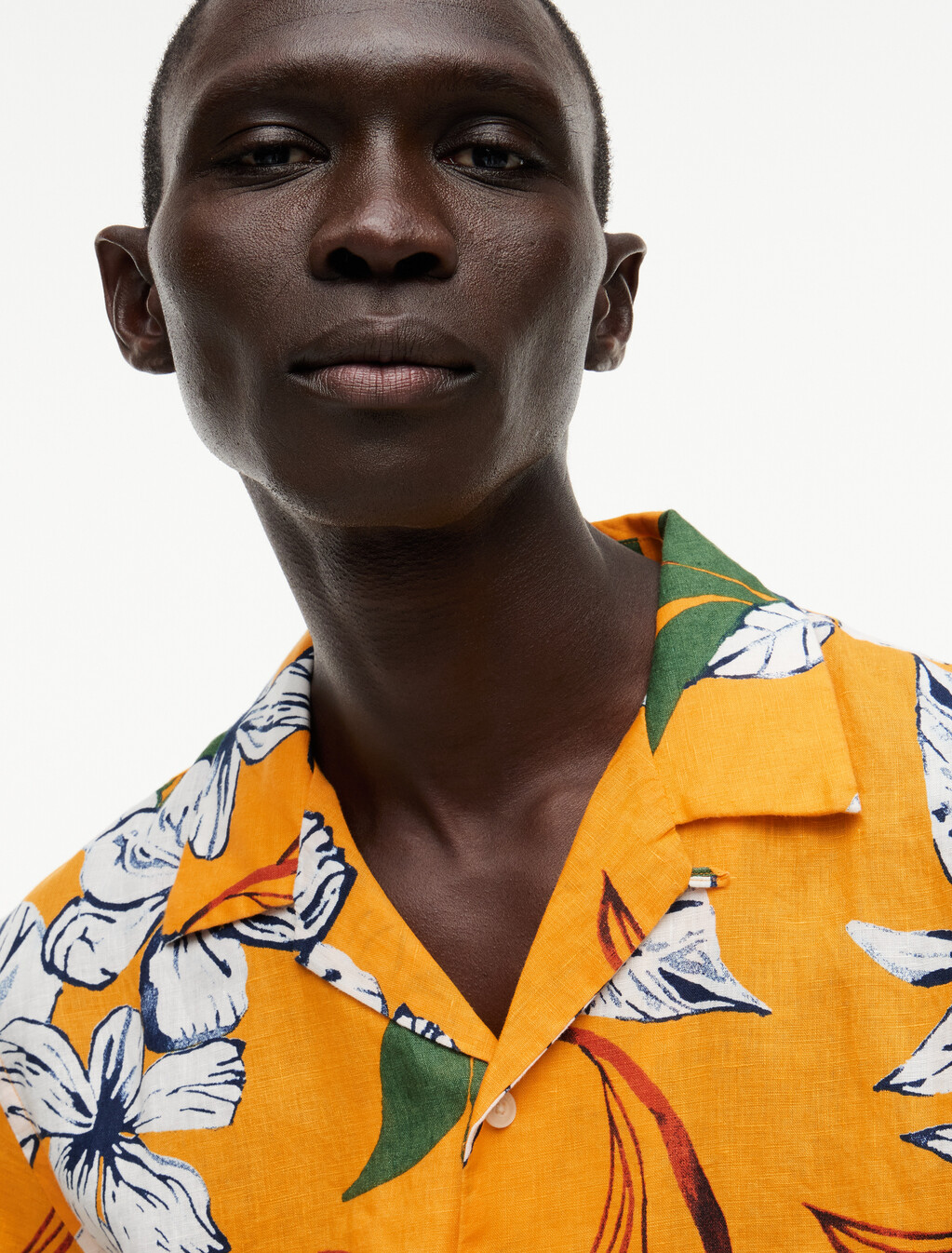 Regular Tropical Print Linen Short Sleeve Shirt, Orange Flash / Allover, hi-res