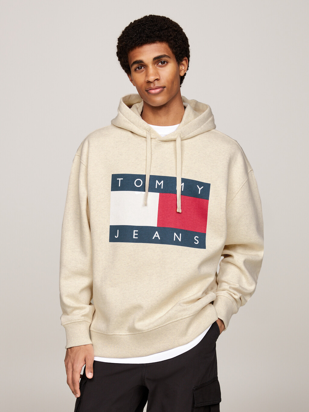 Tommy Flag Badge Mélange Relaxed Hoody, Ancient White Melange, hi-res