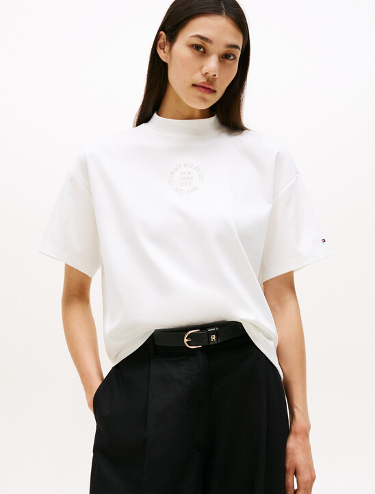 Stamp Print Relaxed Mock Neck T-Shirt