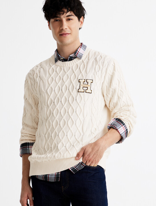 Cable Knit Letterman Applique Sweater