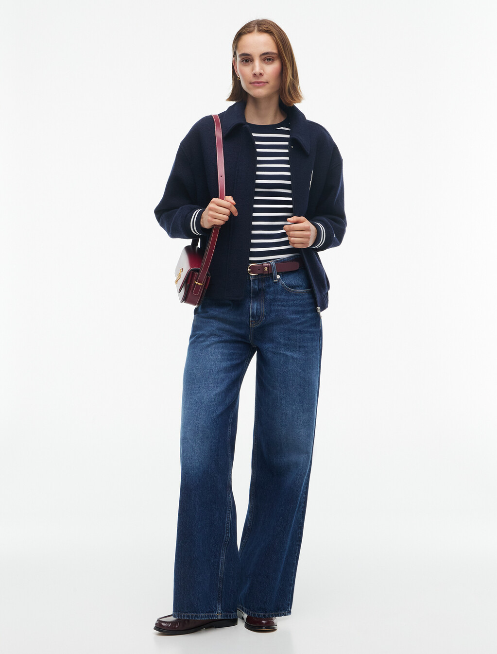 Slim Crew Neck Long Sleeve T-Shirt, Stripe Dark Blue / Ecru, hi-res