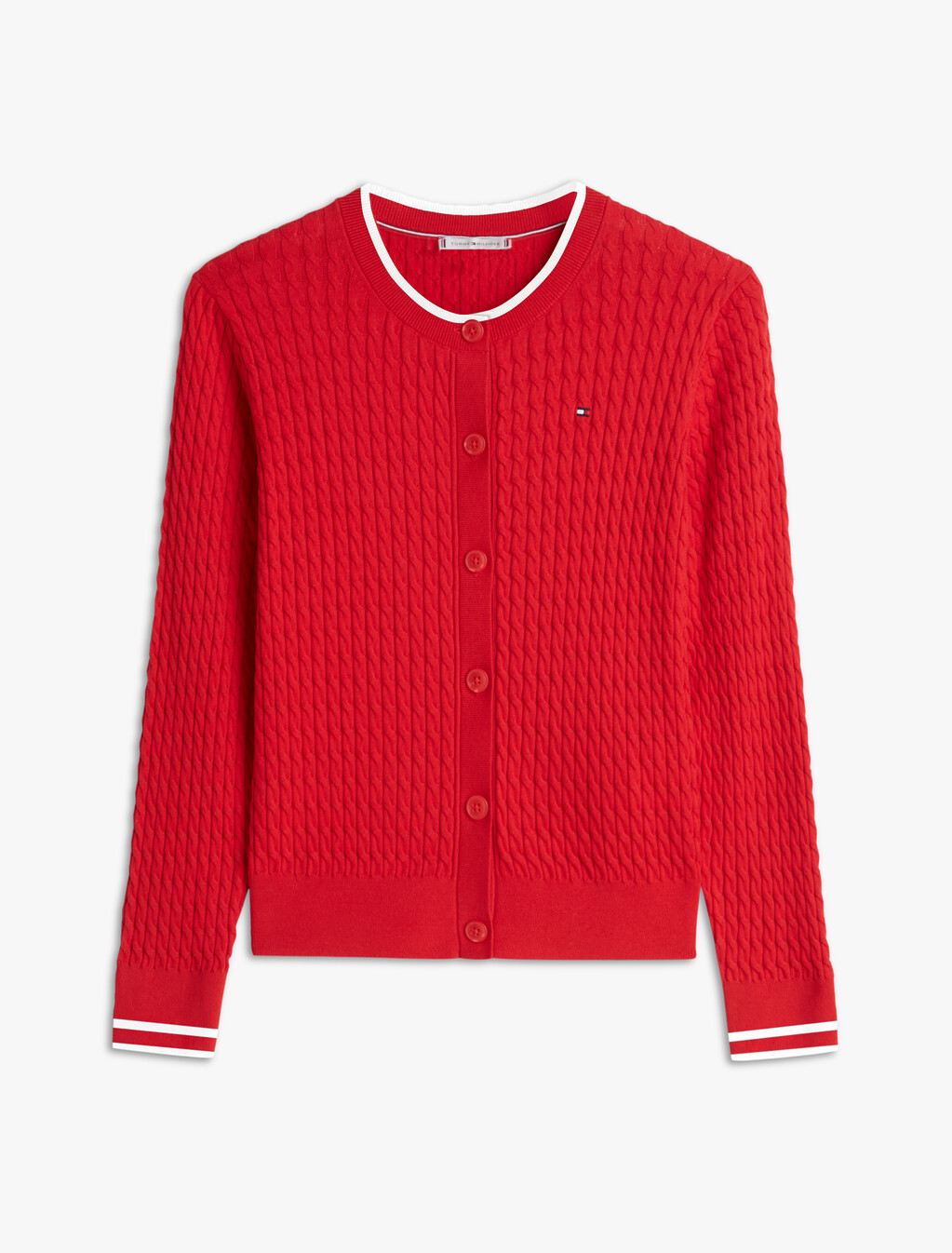 Cable Knit Crew Neck Cardigan, Primary Red, hi-res