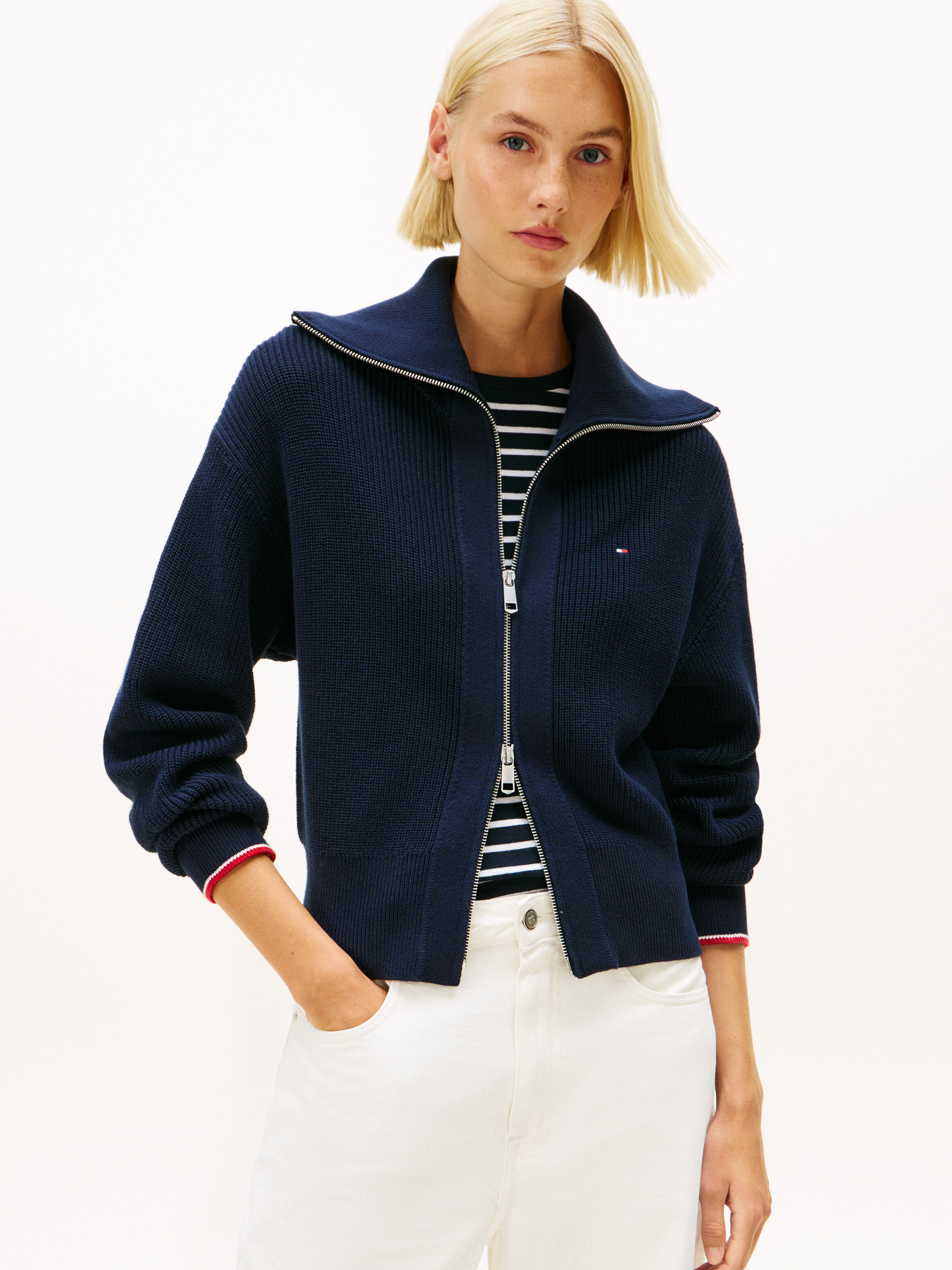 Double-breasted Knit cardigan ネイビー Double Zip Flap Collar Knit Cardigan | blue | Tommy Hilfiger Singapore