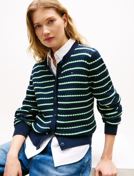 Fine Cable Knit Crew Neck Cardigan