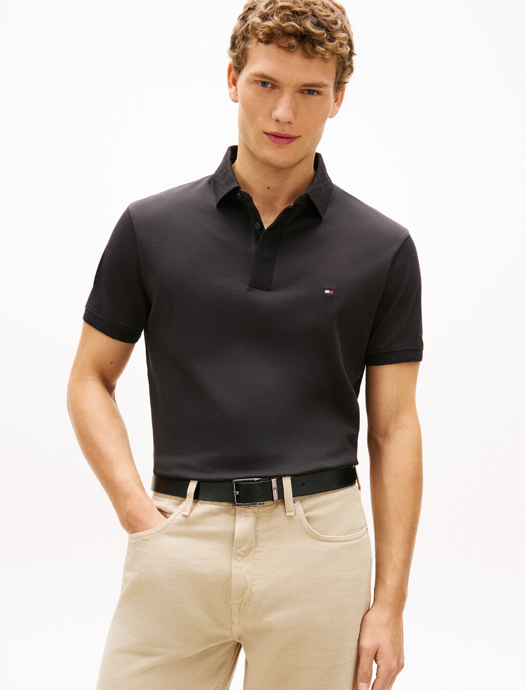Regular Pique Jacquard Collar Polo Shirt, Black, hi-res