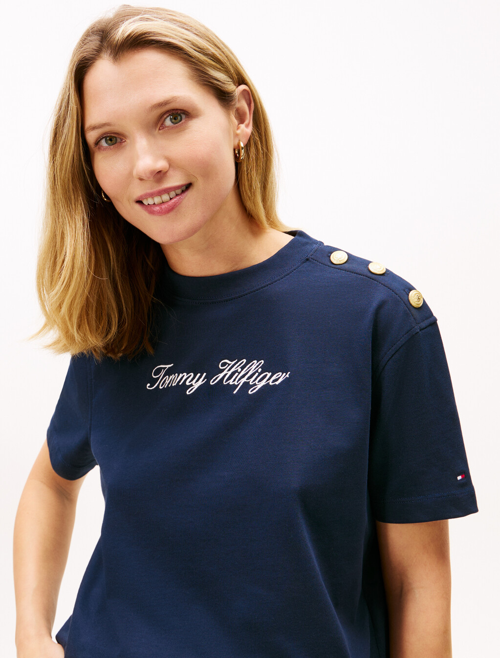 Gold-Tone Button Logo Embroidery Relaxed T-Shirt, Dark Night Navy, hi-res