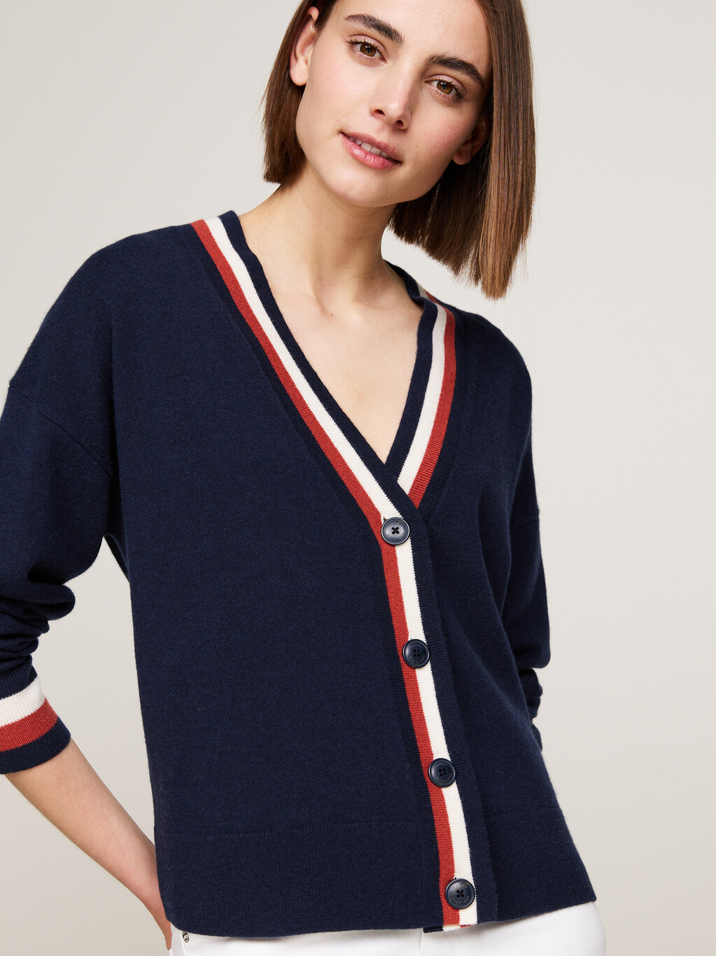 Global Stripe Wool Cashmere Cardigan, Desert Sky, hi-res