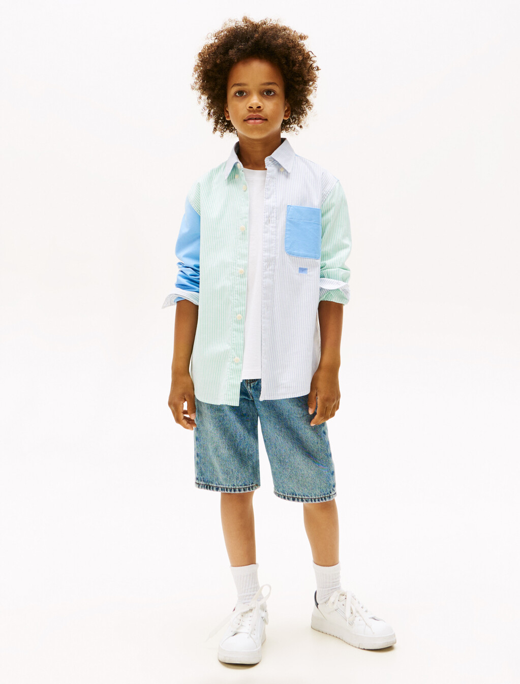 Boys Stripe Color Block Oxford Shirt, Cloudy Blue Colourblock, hi-res
