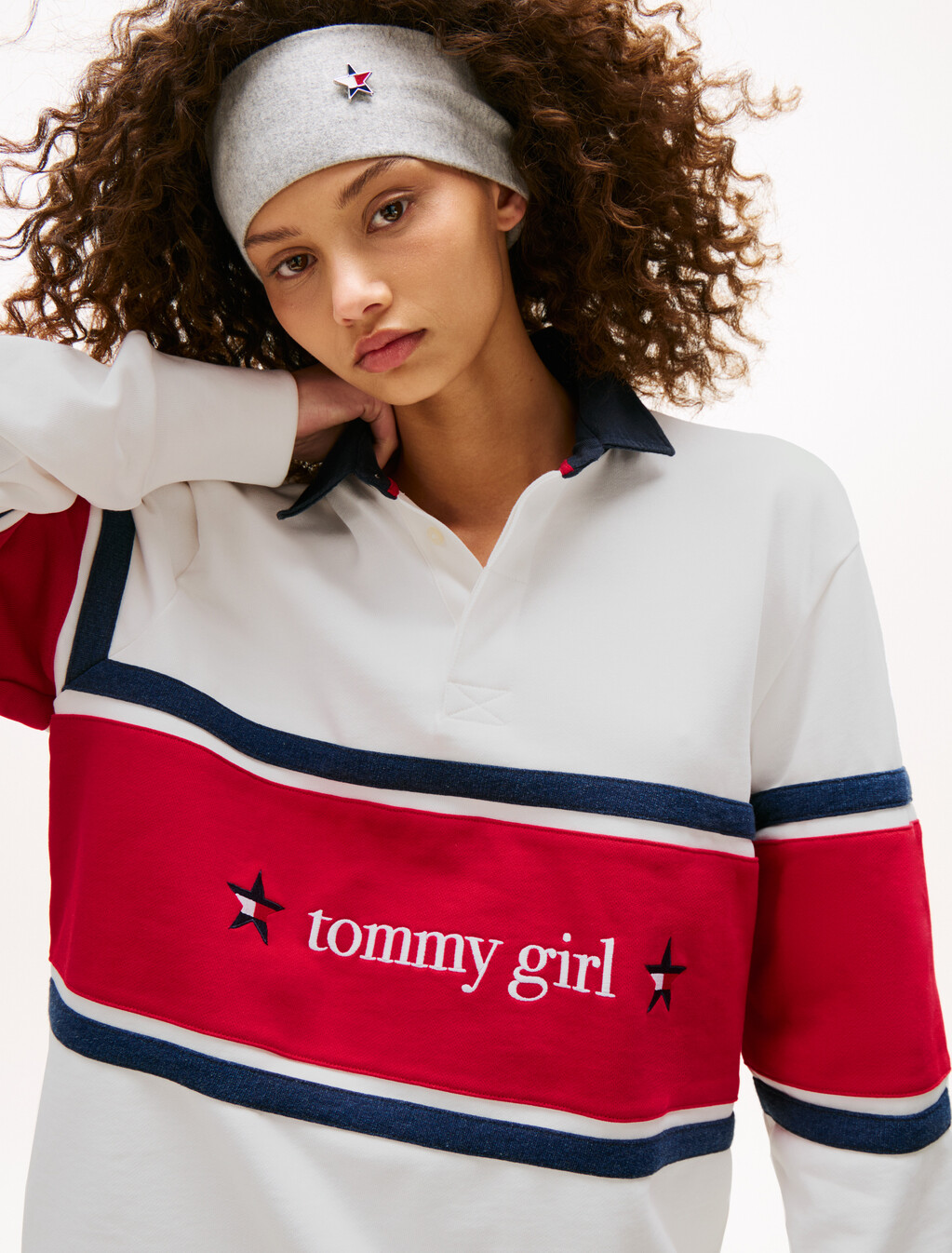 Tommy Girl Back Logo Relaxed Stripe Rugby Shirt, Ecru, hi-res