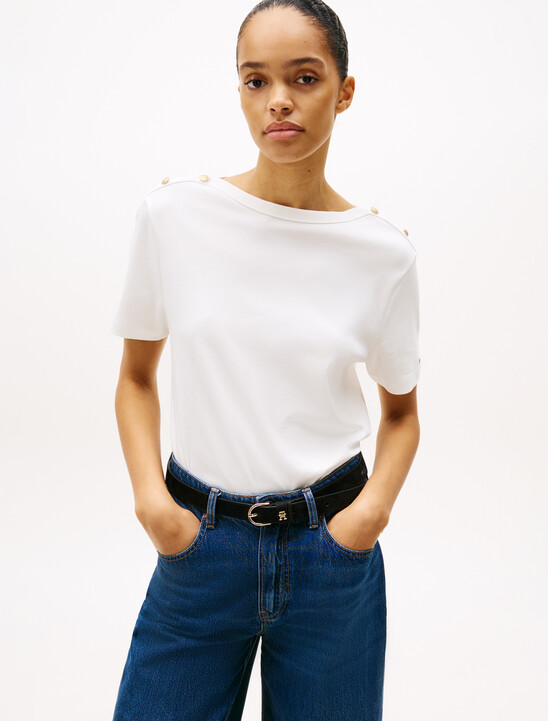 Stripe Boat Neck Relaxed T-Shirt, Ecru Stripe Boat Neck Relaxed T-Shirt