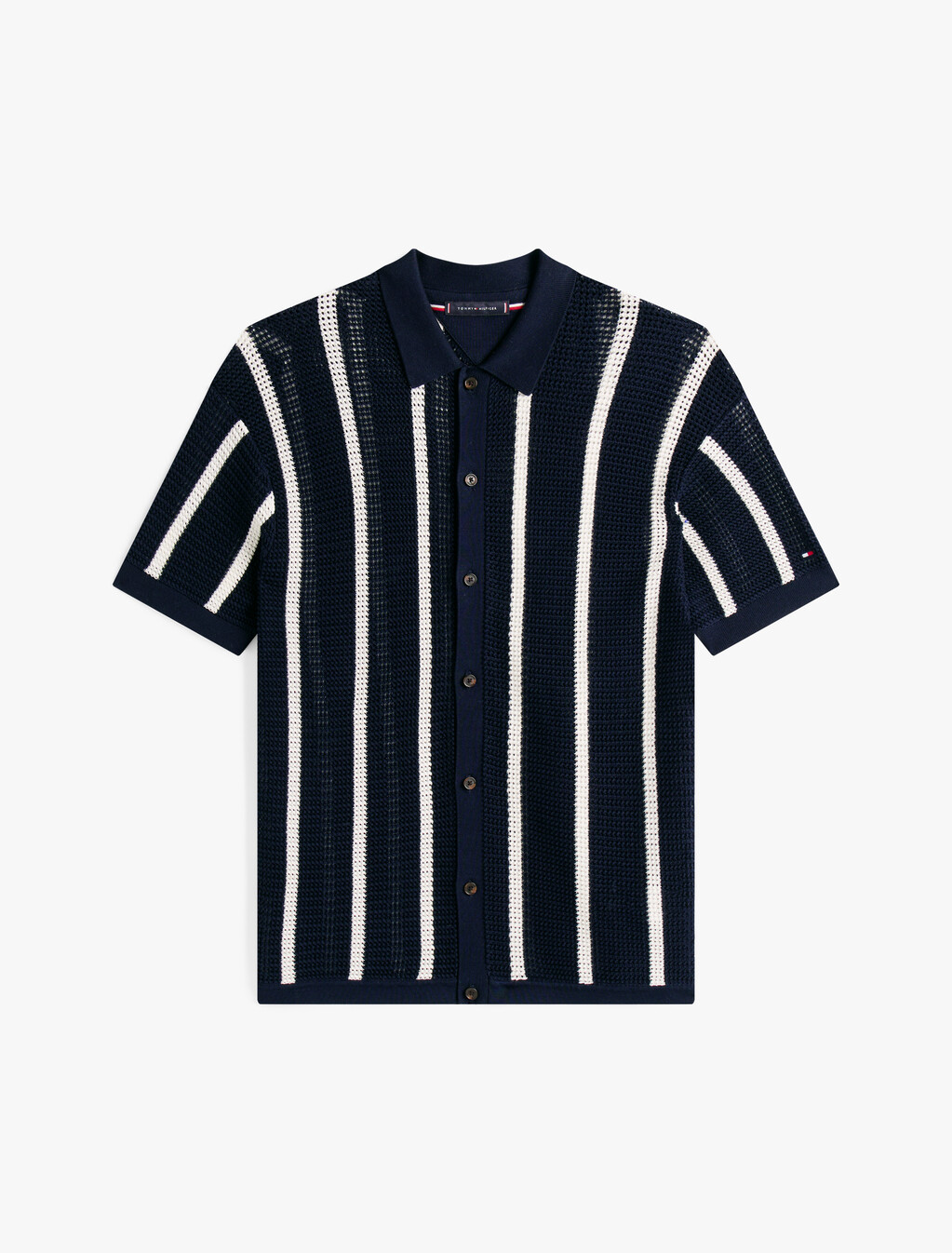 Vertical Stripe Open Knit Shirt, Ivory Petal / Desert Sky, hi-res