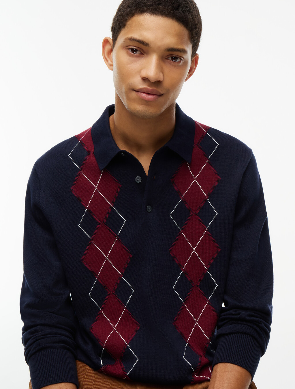 Flag Embroidery Argyle Polo Jumper, Navy Blue, hi-res