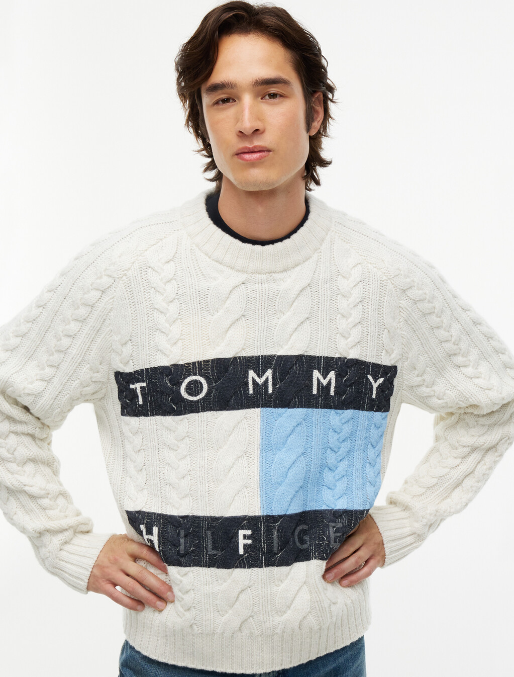 Wool Blend Cable Knit Jumper, Ecru / Well Water, hi-res