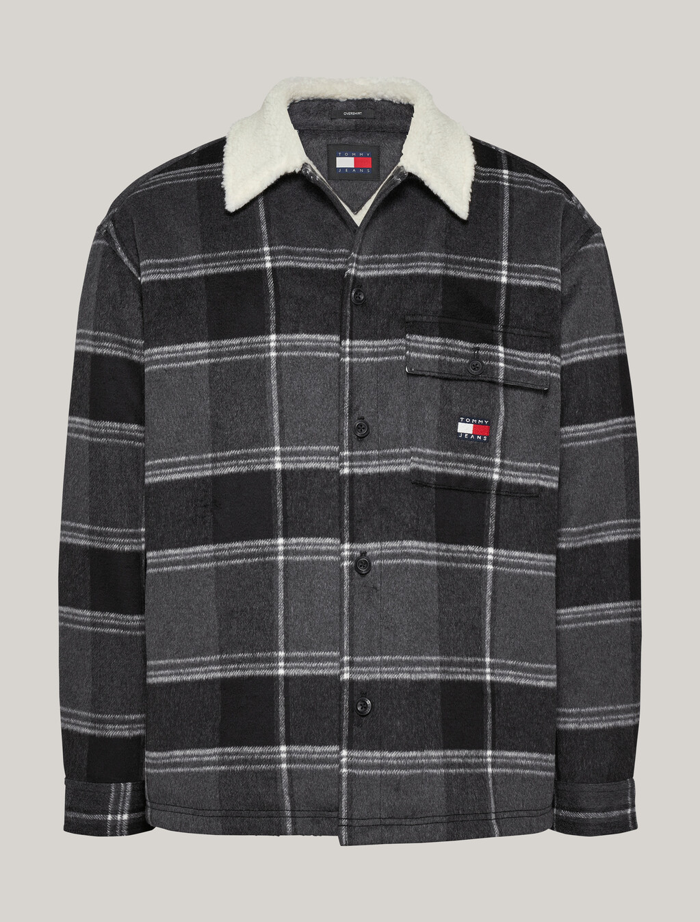 Sherpa Collar Check Casual Overshirt, Black Check, hi-res