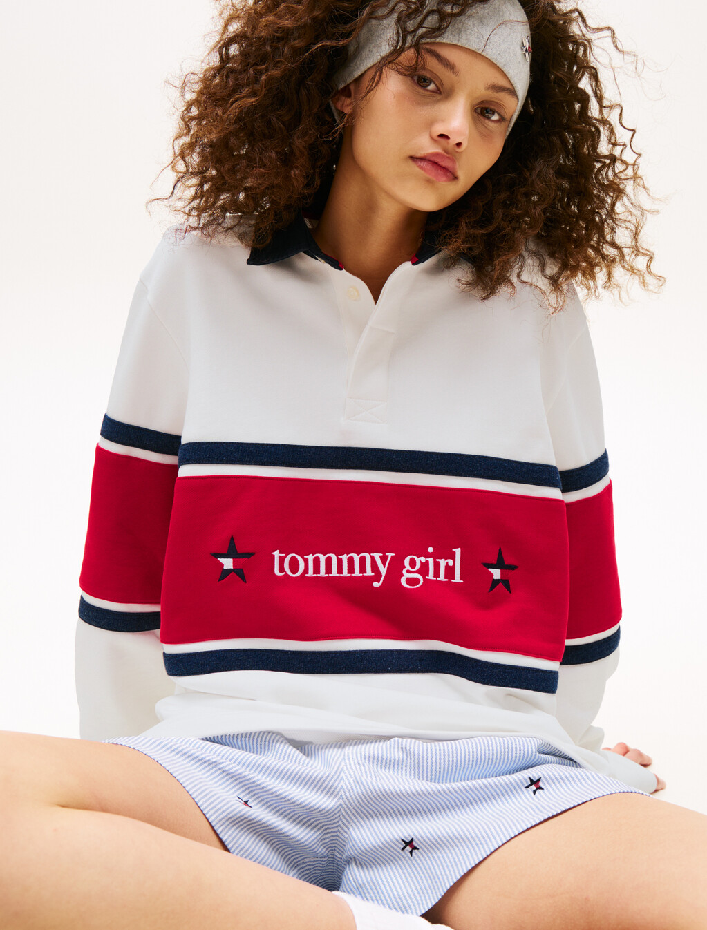 Tommy Girl Back Logo Relaxed Stripe Rugby Shirt, Ecru, hi-res