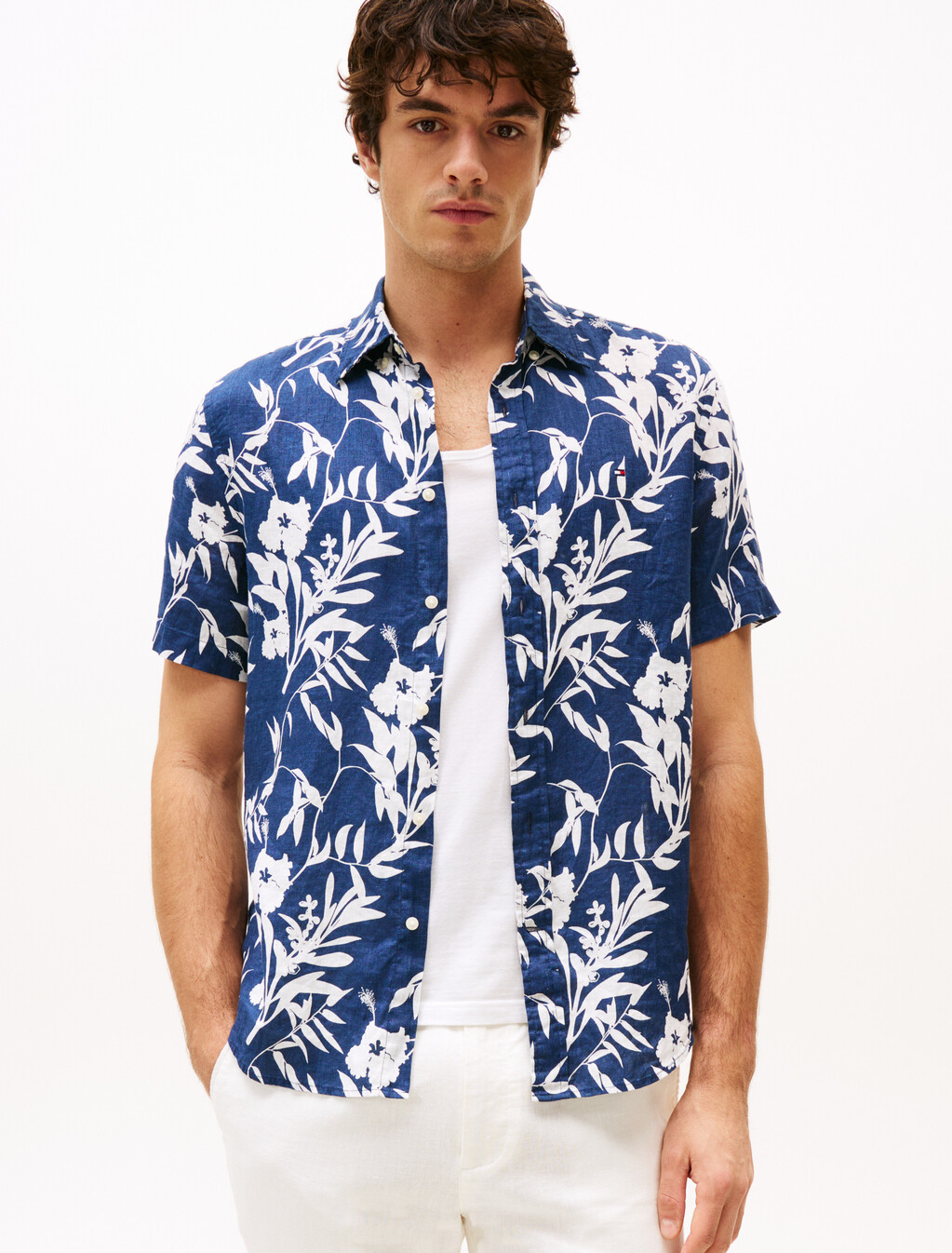 Tropical Print Pure Linen Shirt, Night Sky / Ivory Silk, hi-res