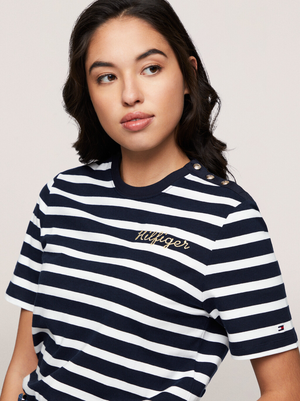 Gold Button Stripe T-Shirt, Blue Stripe, hi-res