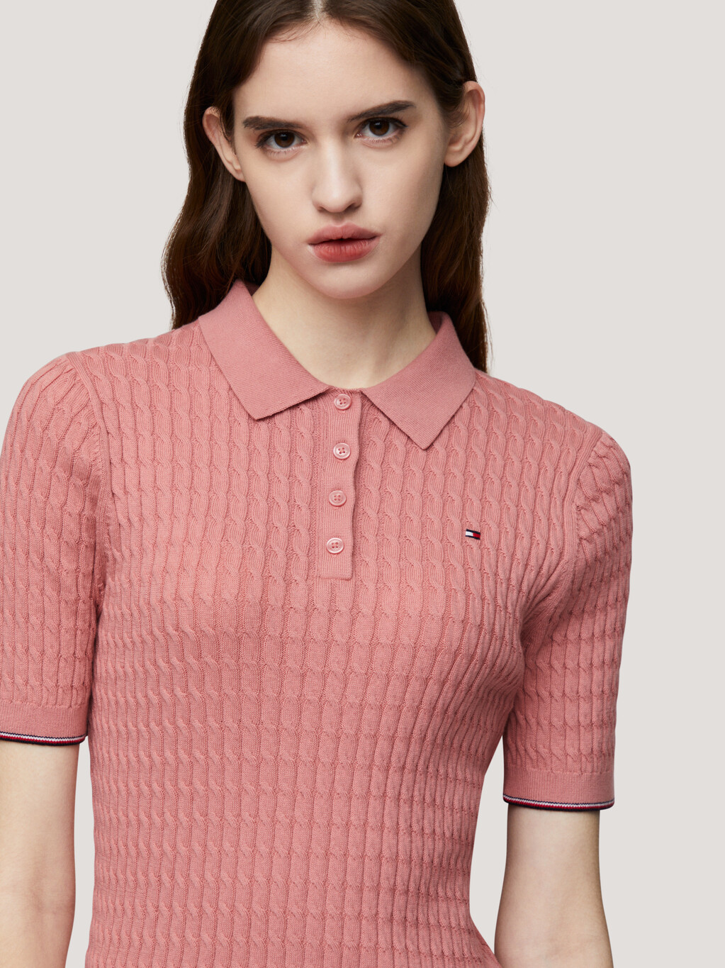 Cable Knit Slim Short Sleeve Polo Jumper, Teaberry Blossom, hi-res