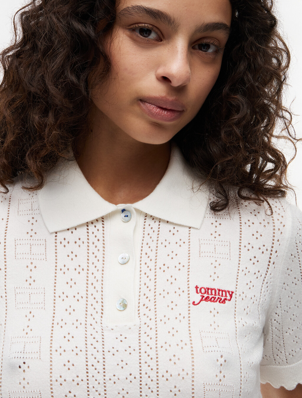 Pointelle Flag Short Sleeve Polo Jumper, Ancient White, hi-res