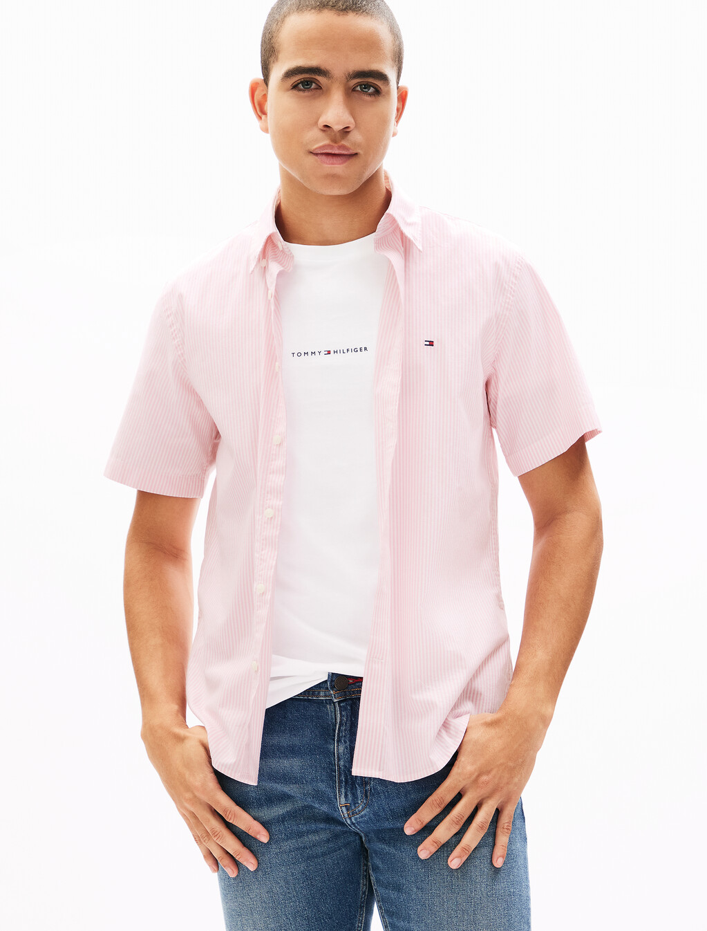 Oxford Stripe Short Sleeve Shirt, Rose Petal / Stripes, hi-res