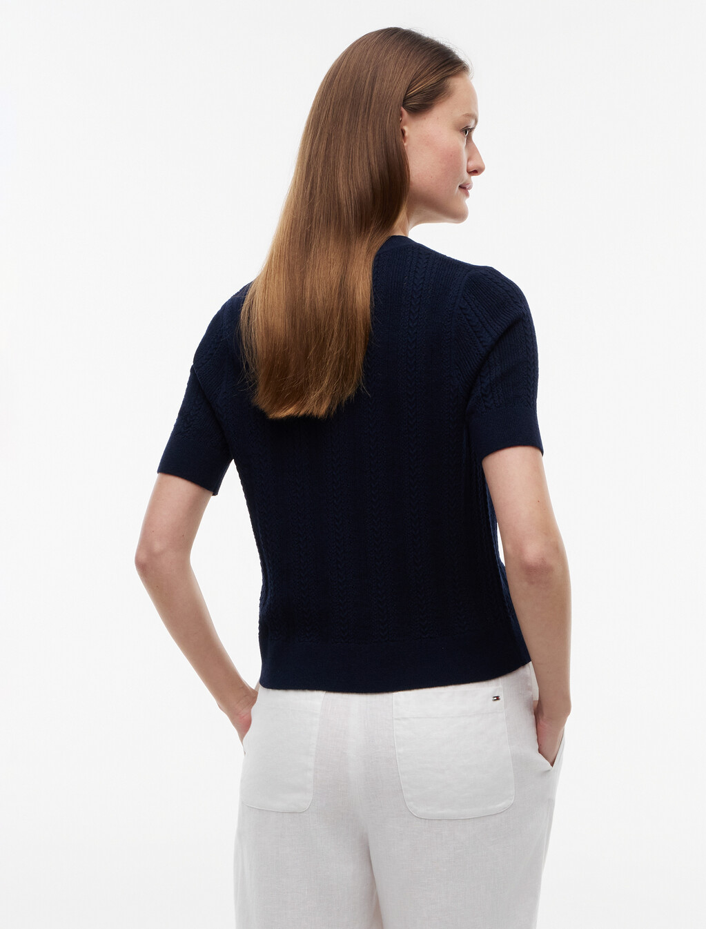 Pointelle Gold-Tone Button Short Sleeve Cardigan, Dark Night Navy, hi-res