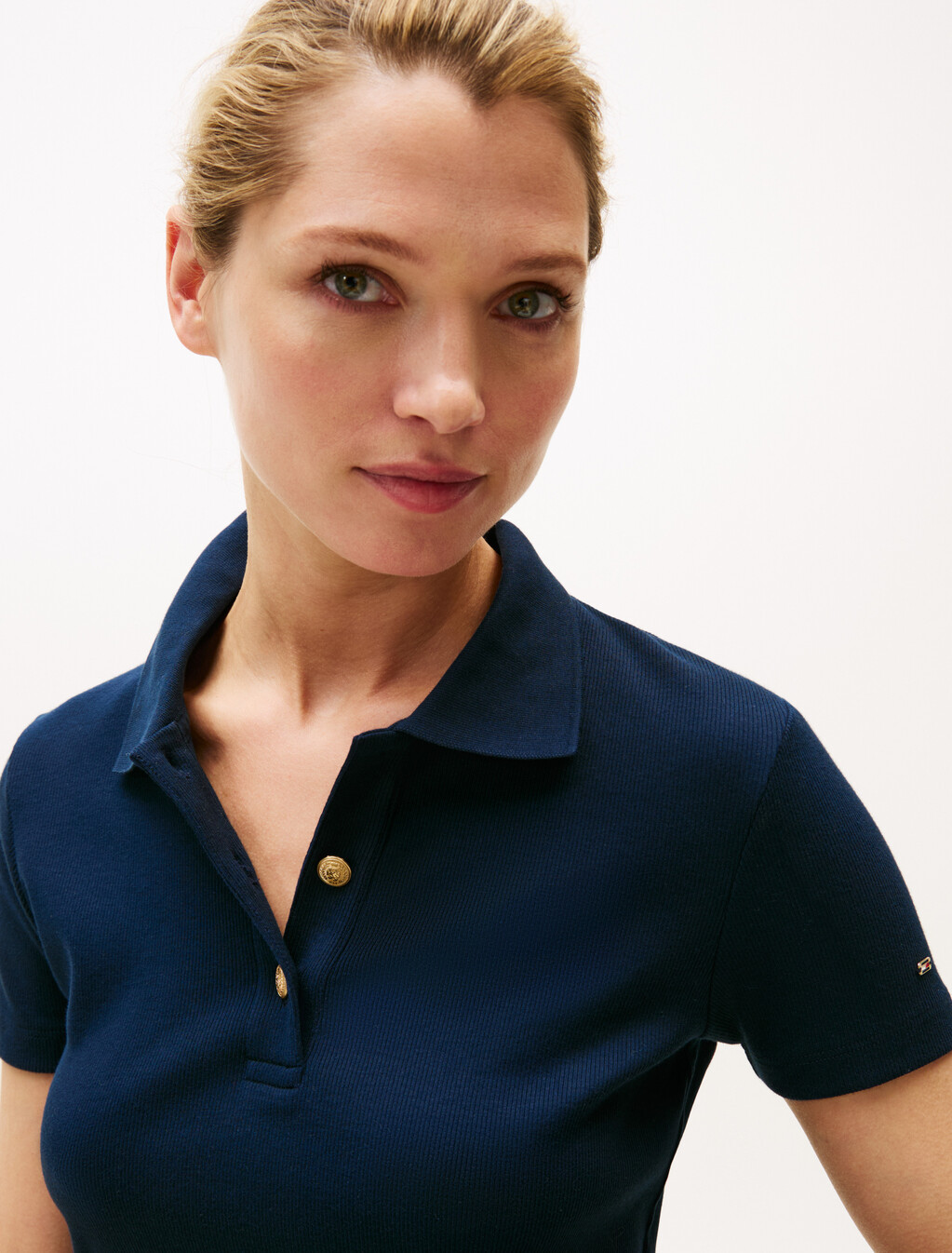 Gold-Tone Button Slim Polo Shirt, Dark Night Navy, hi-res