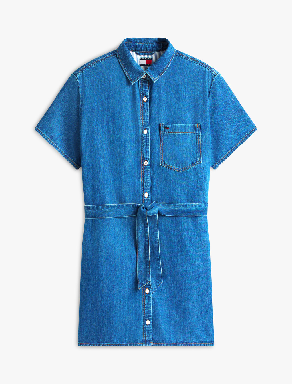 Chambray Belted Mini Shirt Dress, Denim Medium, hi-res